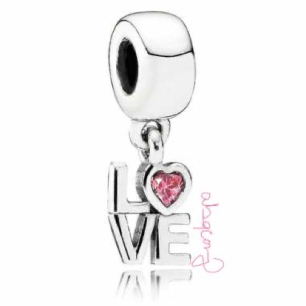 EUC Pandora 791253CZS Sterling Silver LOVE Dangle Bead w/ Salmon Zirconia Heart